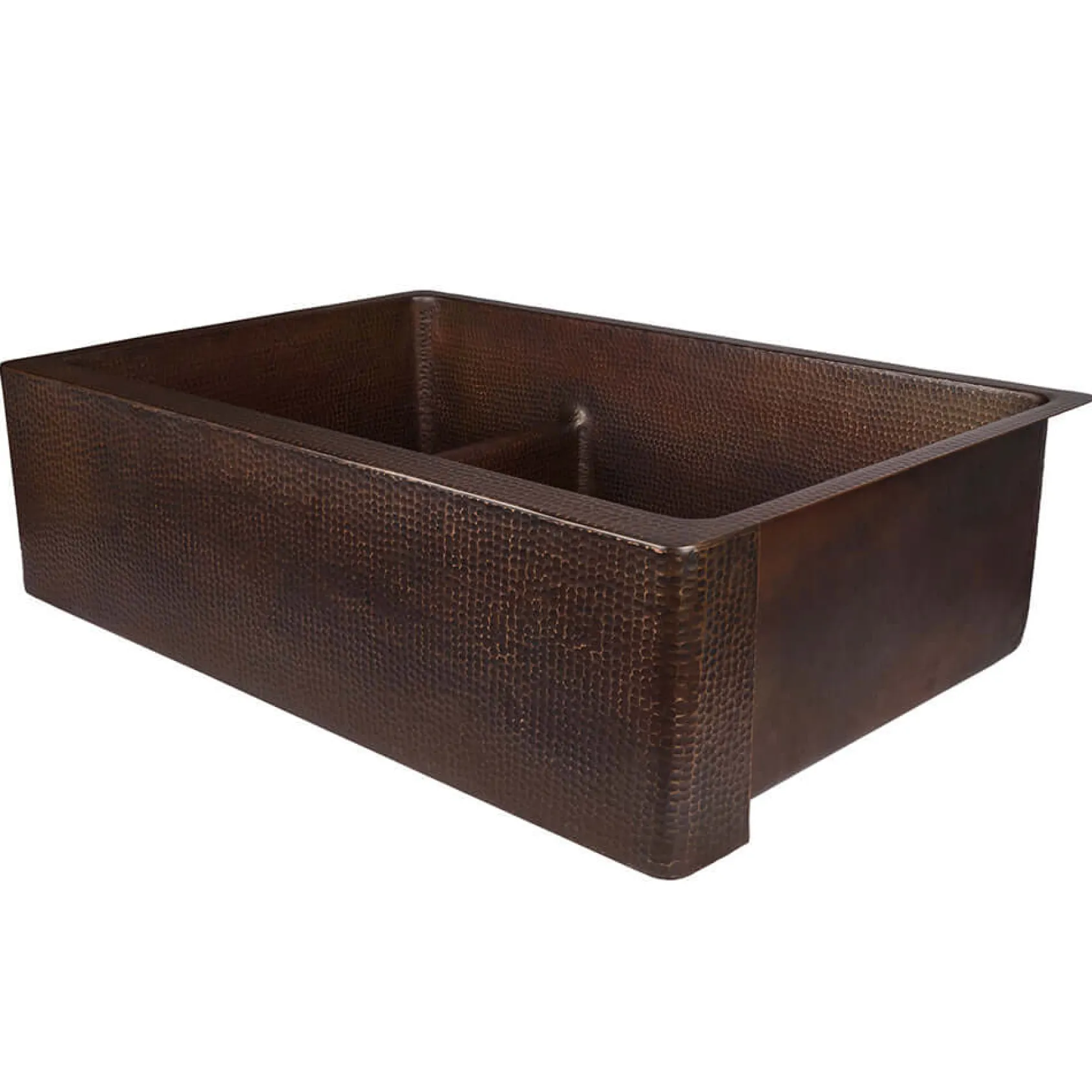 Premier Copper Products 33" Hammered Copper Kitchen Apron 30/70 Double Basin Farmhouse Sink with Short 5" Divider w/ Matching Drains and Accessories, Oil Rubbed Bronze, KSP3_KA30DB33229-SD5
