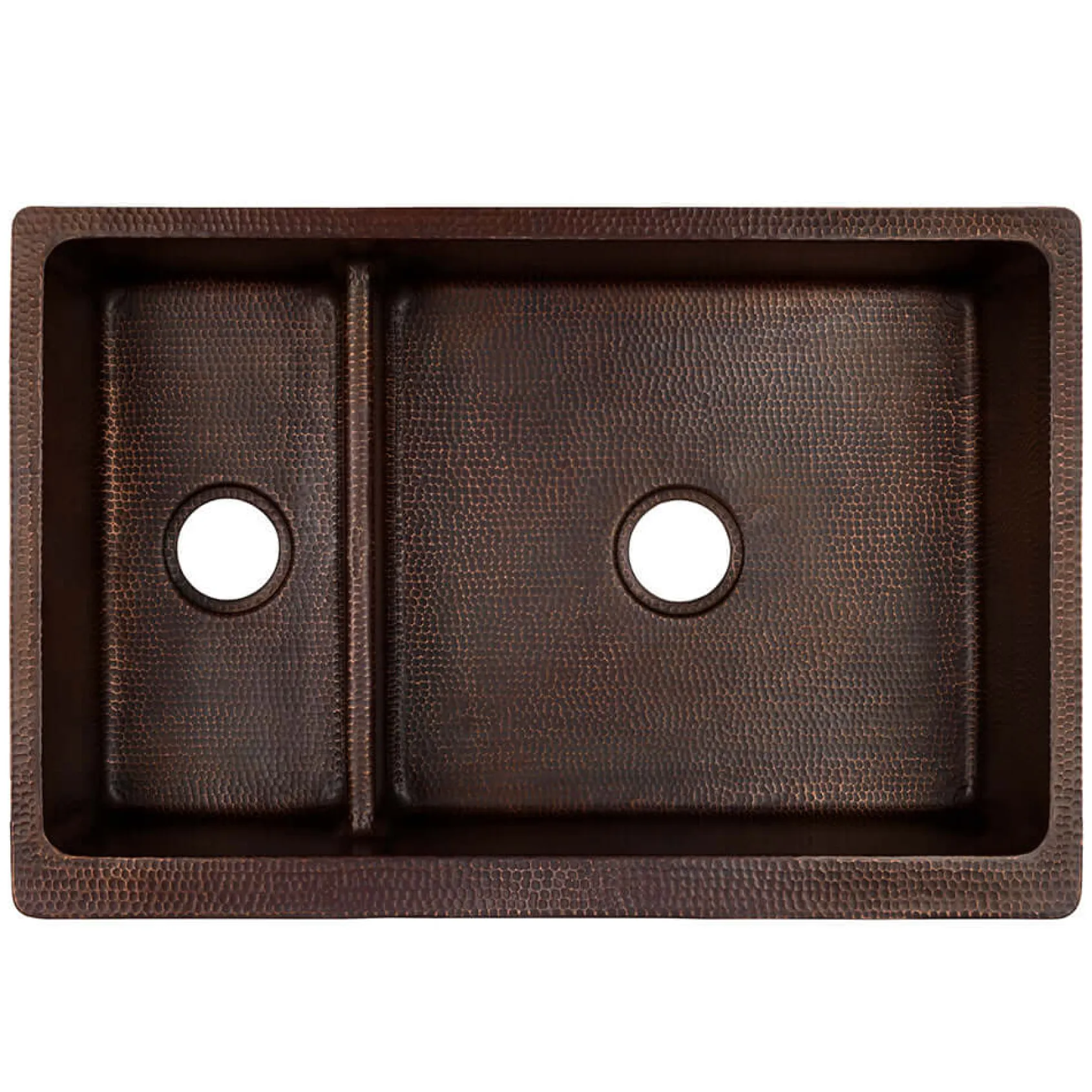 Premier Copper Products 33" Hammered Copper Kitchen Apron 30/70 Double Basin Farmhouse Sink with Short 5" Divider w/ Matching Drains and Accessories, Oil Rubbed Bronze, KSP3_KA30DB33229-SD5