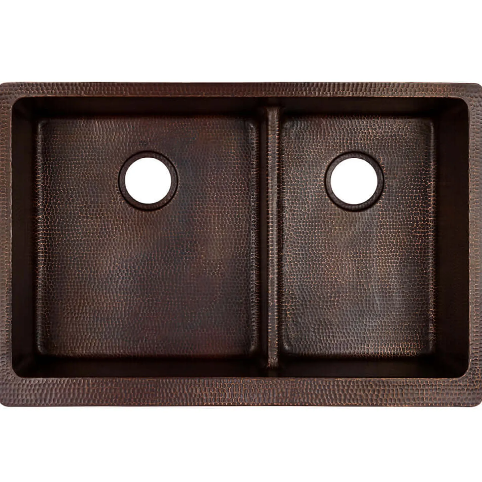 Premier Copper Products 33" Hammered Copper Kitchen Apron 60/40 Double Basin Farmhouse Sink with Short 5" Divider w/ Matching Drains and Accessories, Oil Rubbed Bronze, KSP3_KA60DB33229-SD5