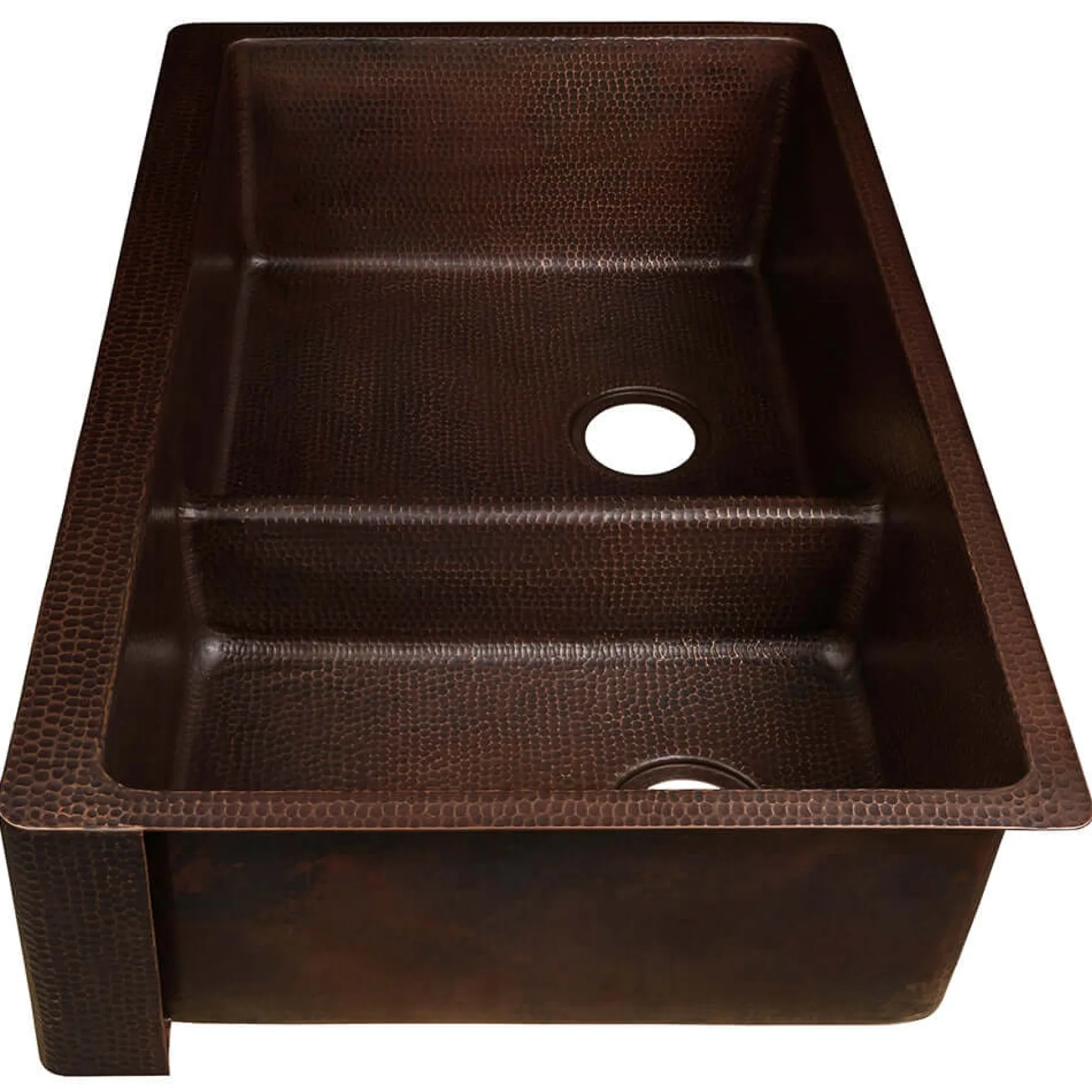 Premier Copper Products 33" Hammered Copper Kitchen Apron 60/40 Double Basin Farmhouse Sink with Short 5" Divider w/ Matching Drains and Accessories, Oil Rubbed Bronze, KSP3_KA60DB33229-SD5