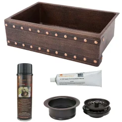 Premier Copper Products 33" Hammered Copper Kitchen Apron Single Basin Farmhouse Sink w/ Barrel Strap Design with Matching Drain and Accessories, Oil Rubbed Bronze, KSP3_KASDB33229BS