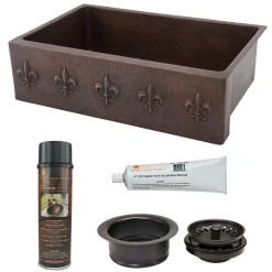 Premier Copper Products 33" Hammered Copper Kitchen Apron Single Basin Farmhouse Sink w/ Fleur De Lis with Matching Drain and Accessories, Oil Rubbed Bronze, KSP3_KASDB33229F