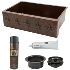 Premier Copper Products 33" Hammered Copper Kitchen Apron Single Basin Farmhouse Sink w/ Star Design with Matching Drain and Accessories, Oil Rubbed Bronze, KSP3_KASDB33229ST