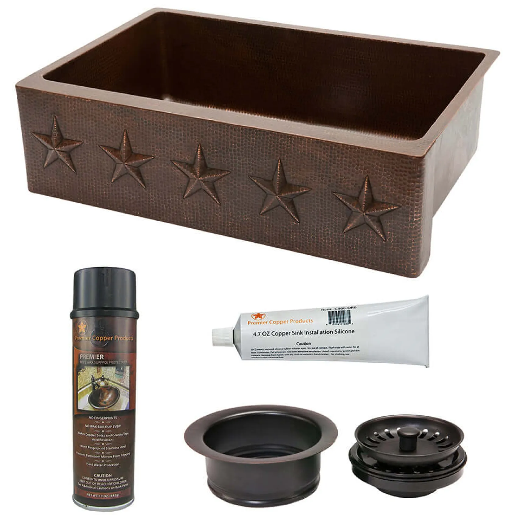Premier Copper Products 33" Hammered Copper Kitchen Apron Single Basin Farmhouse Sink w/ Star Design with Matching Drain and Accessories, Oil Rubbed Bronze, KSP3_KASDB33229ST