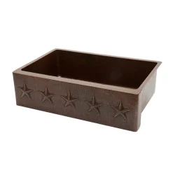 Premier Copper Products 33" Hammered Copper Kitchen Apron Single Basin Farmhouse Sink w/ Star Design with Matching Drain and Accessories, Oil Rubbed Bronze, KSP3_KASDB33229ST