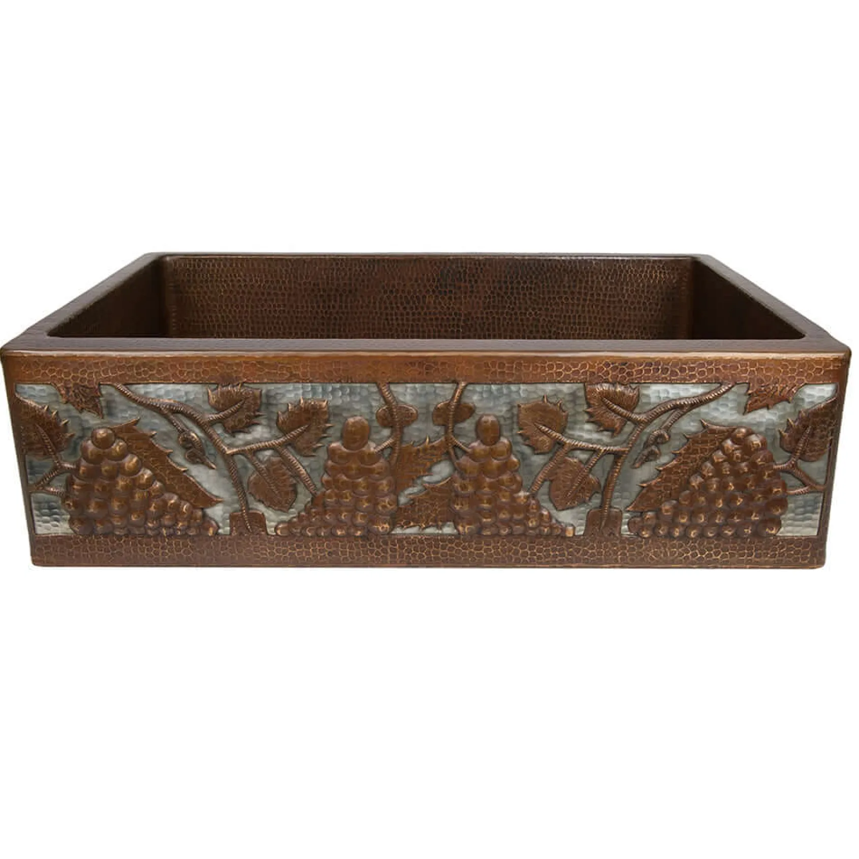 Premier Copper Products 33" Hammered Copper Kitchen Apron Single Basin Farmhouse Sink w/ Vineyard Design and Apron Front Nickel Background with Matching Drain and Accessories, Oil Rubbed Bronze and Nickel, KSP3_KASDB33229G-NB