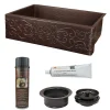 Premier Copper Products 33" Hammered Copper Kitchen Apron Single Basin Farmhouse Sink w/ Scroll Design with Matching Drain and Accessories, Oil Rubbed Bronze, KSP3_KASDB33229S