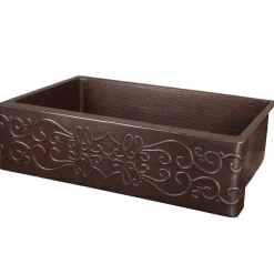 Premier Copper Products 33" Hammered Copper Kitchen Apron Single Basin Farmhouse Sink w/ Scroll Design with Matching Drain and Accessories, Oil Rubbed Bronze, KSP3_KASDB33229S