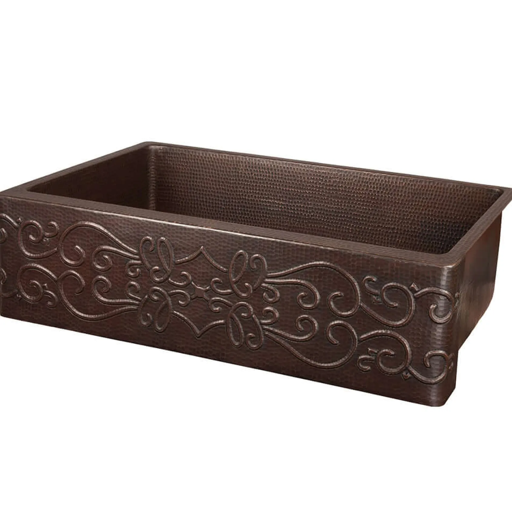 Premier Copper Products 33" Hammered Copper Kitchen Apron Single Basin Farmhouse Sink w/ Scroll Design with Matching Drain and Accessories, Oil Rubbed Bronze, KSP3_KASDB33229S