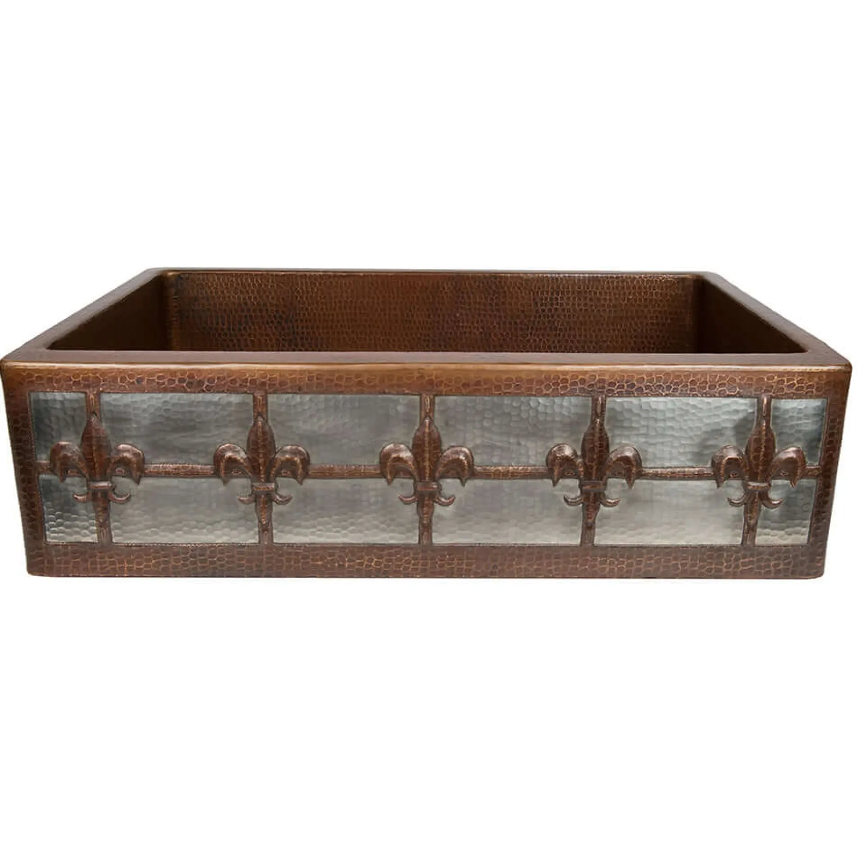 Premier Copper Products 33" Hammered Copper Kitchen Apron Single Basin Farmhouse Sink w/ Fleur De Lis and Apron Front Nickel Background with Matching Drain and Accessories, Oil Rubbed Bronze and Nickel, KSP3_KASDB33229F-NB