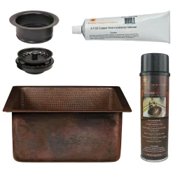 Premier Copper Products 16" Square Hammered Copper Bar/Prep Sink w/ 3.5" Drain Opening, Matching Drain and Accessories, Oil Rubbed Bronze, BSP5_BS16DB3-G