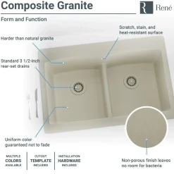 Rene 33" Composite Granite Kitchen Sink, 50/50 Double Bowl, Concrete, R3-2007-CON-ST-CGS