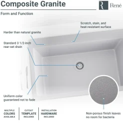 Rene 33" Composite Granite Kitchen Sink, Pewter, R3-2006-PWT-ST-CGF