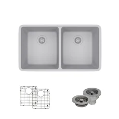 Rene 33" Composite Granite Kitchen Sink, 50/50 Double Bowl, Pewter, R3-1002-PWT-ST-CGF