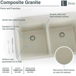 Rene 33" Composite Granite Kitchen Sink, 50/50 Double Bowl, Concrete, R3-2002-CON-ST-CGS