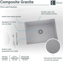 Rene 22" Composite Granite Kitchen Sink, Pewter, R3-1004-PWT-ST-CGF