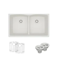 Rene 33" Composite Granite Kitchen Sink, 50/50 Double Bowl, Ivory, R3-1007-IVR-ST-CGS