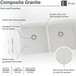 Rene 33" Composite Granite Kitchen Sink, 50/50 Double Bowl, Ivory, R3-1007-IVR-ST-CGS