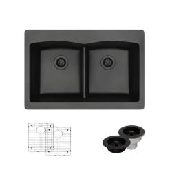 Rene 33" Composite Granite Kitchen Sink, 50/50 Double Bowl, Carbon, R3-2007-CAR-ST-CGF
