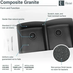 Rene 33" Composite Granite Kitchen Sink, 50/50 Double Bowl, Carbon, R3-1007-CAR-ST-CGF