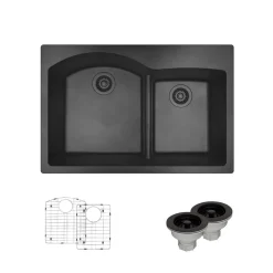 Rene 33" Composite Granite Kitchen Sink, 60/40 Double Bowl, Carbon, R3-2008-CAR-ST-CGS
