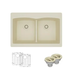 Rene 33" Composite Granite Kitchen Sink, 50/50 Double Bowl, Ecru, R3-2007-ECR-ST-CGS