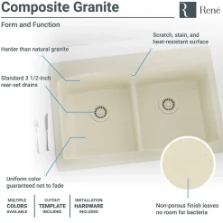 Rene 33" Composite Granite Kitchen Sink, 50/50 Double Bowl, Ecru, R3-2007-ECR-ST-CGS