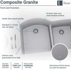 Rene 33" Composite Granite Kitchen Sink, 60/40 Double Bowl, Pewter, R3-1008-PWT-ST-CGF