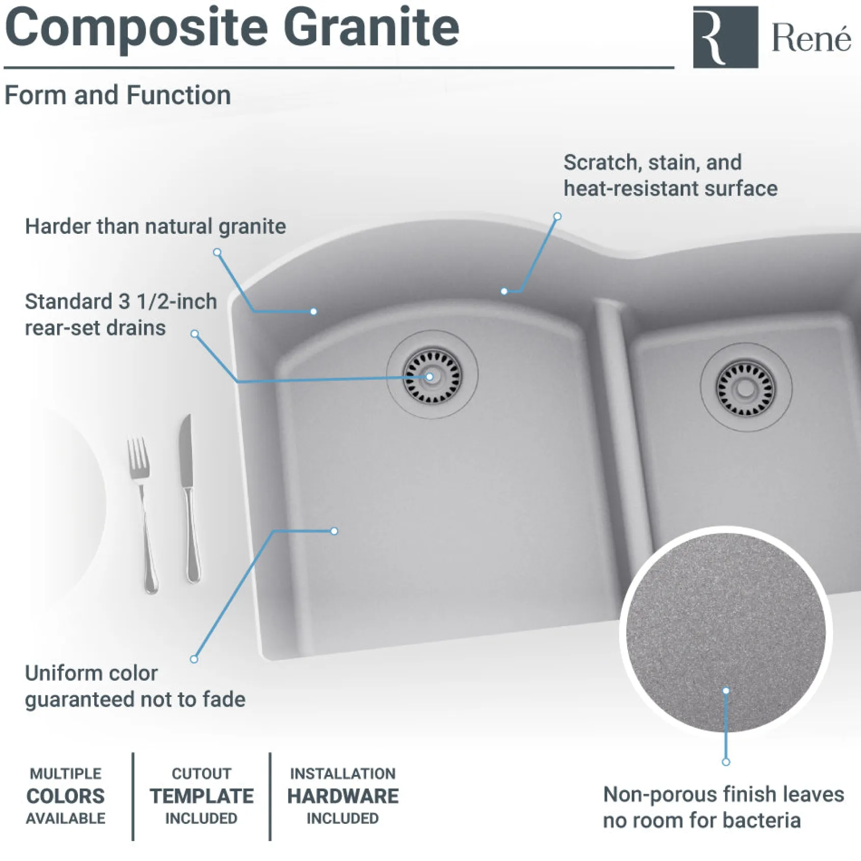 Rene 33" Composite Granite Kitchen Sink, 60/40 Double Bowl, Pewter, R3-1008-PWT-ST-CGF