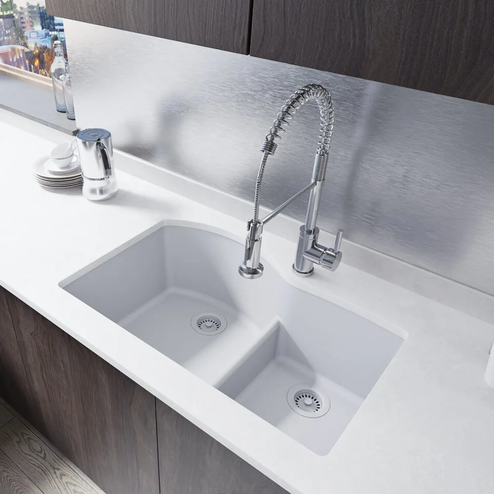 Rene 33" Composite Granite Kitchen Sink, 60/40 Double Bowl, Pewter, R3-1008-PWT-ST-CGF