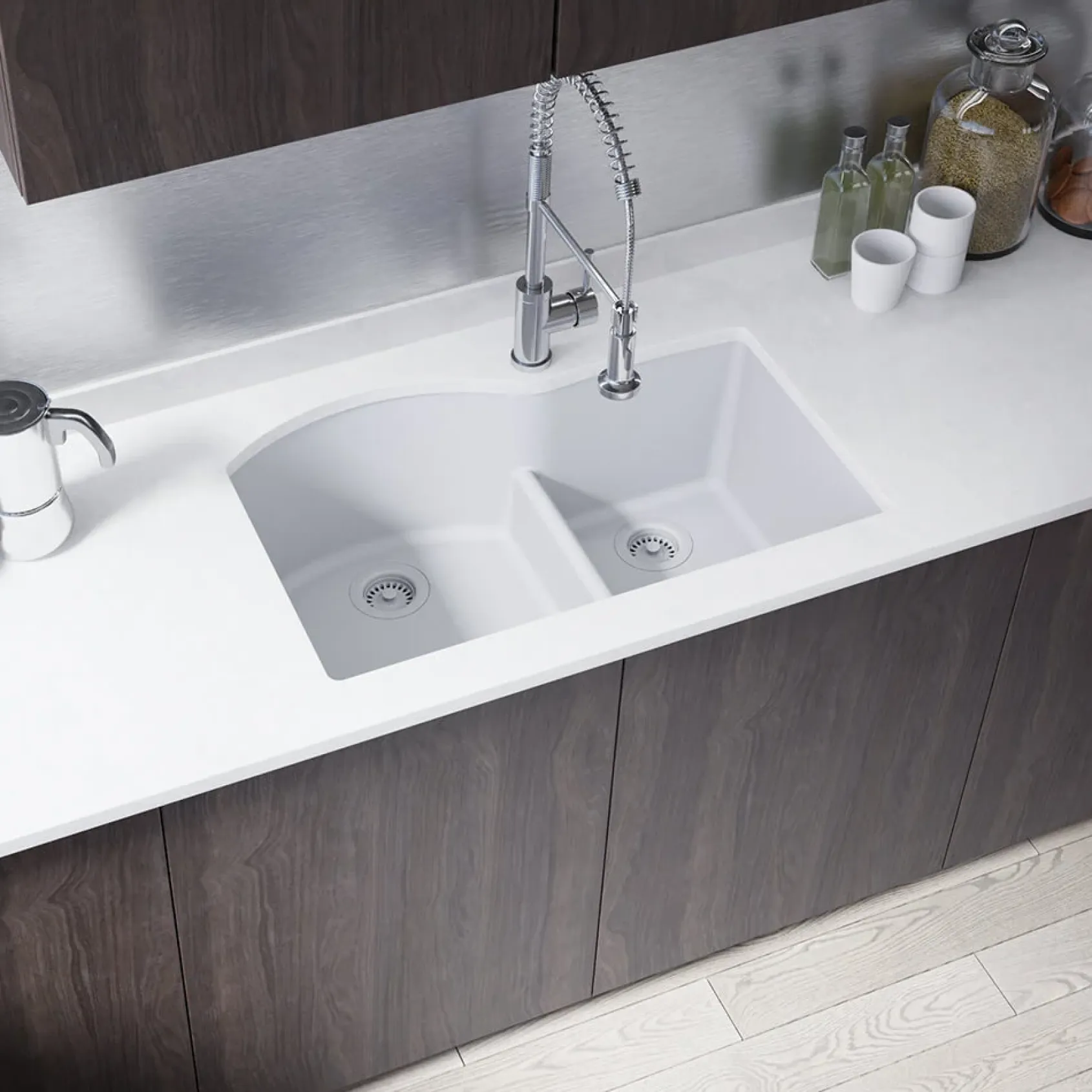Rene 33" Composite Granite Kitchen Sink, 60/40 Double Bowl, Pewter, R3-1008-PWT-ST-CGF