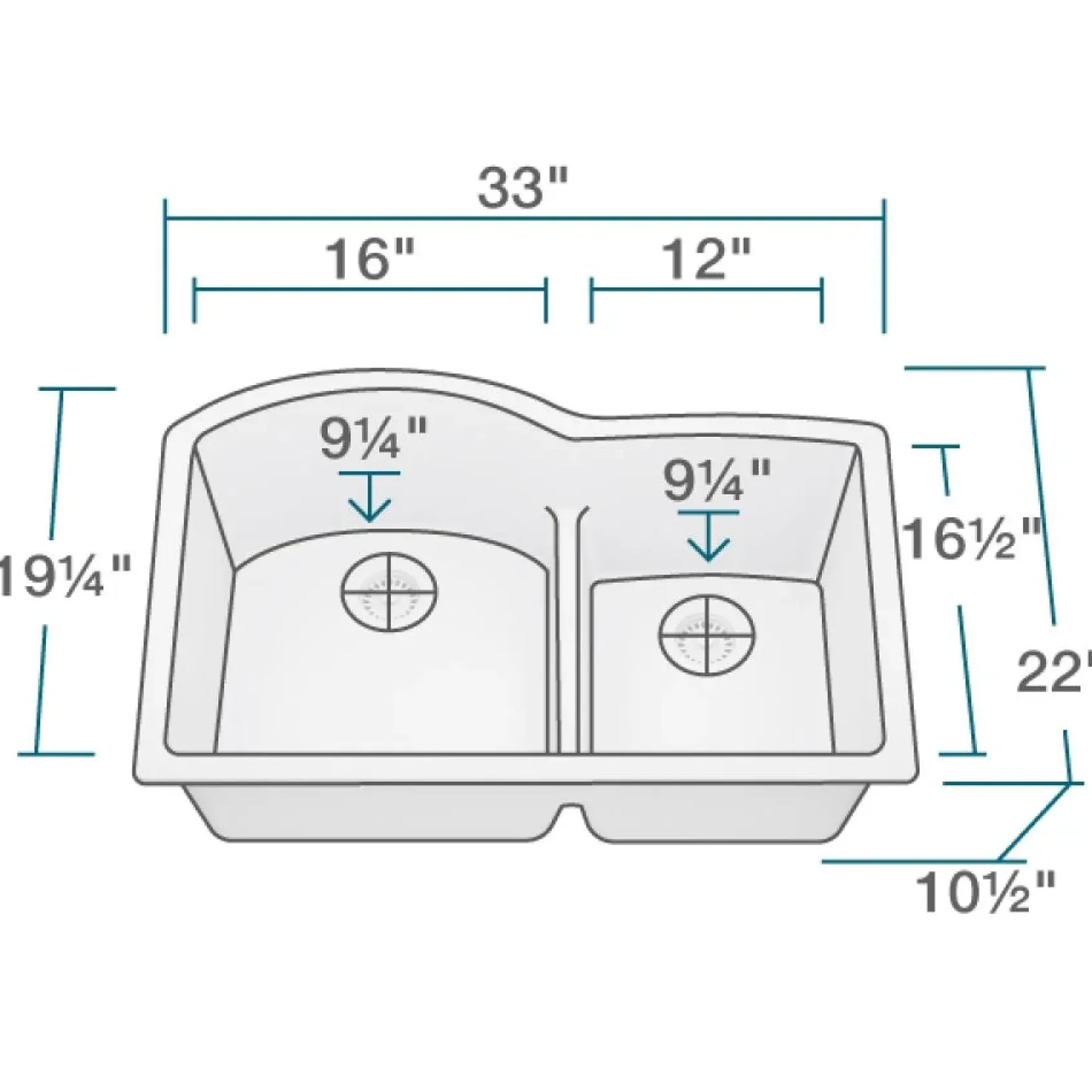 Rene 33" Composite Granite Kitchen Sink, 60/40 Double Bowl, Pewter, R3-1008-PWT-ST-CGF