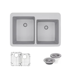 Rene 33" Composite Granite Kitchen Sink, 60/40 Double Bowl, Pewter, R3-2001-PWT-ST-CGF