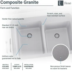 Rene 33" Composite Granite Kitchen Sink, 60/40 Double Bowl, Pewter, R3-2001-PWT-ST-CGF