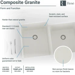 Rene 33" Composite Granite Kitchen Sink, 55/45 Double Bowl, Ivory, R3-1001-IVR-ST-CGF
