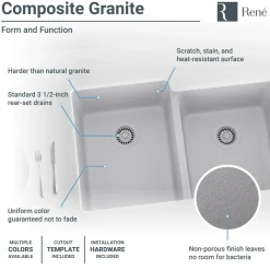 Rene 33" Composite Granite Kitchen Sink, 55/45 Double Bowl, Pewter, R3-1001-PWT-ST-CGS
