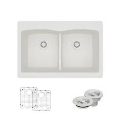 Rene 33" Composite Granite Kitchen Sink, 50/50 Double Bowl, Ivory, R3-2007-IVR-ST-CGF