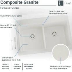 Rene 33" Composite Granite Kitchen Sink, 50/50 Double Bowl, Ivory, R3-2007-IVR-ST-CGF