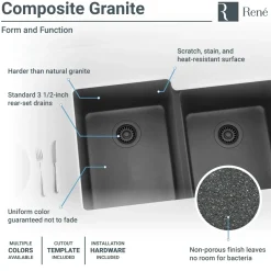 Rene 33" Composite Granite Kitchen Sink, 55/45 Double Bowl, Carbon, R3-1001-CAR-ST-CGS