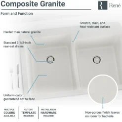 Rene 33" Composite Granite Kitchen Sink, 60/40 Double Bowl, Ivory, R3-2001-IVR-ST-CGF