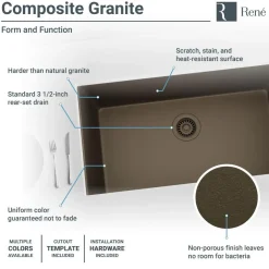 Rene 33" Composite Granite Kitchen Sink, Umber, R3-1006-UMB-ST-CGS