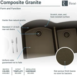 Rene 33" Composite Granite Kitchen Sink, 60/40 Double Bowl, Umber, R3-1008-UMB-ST-CGS