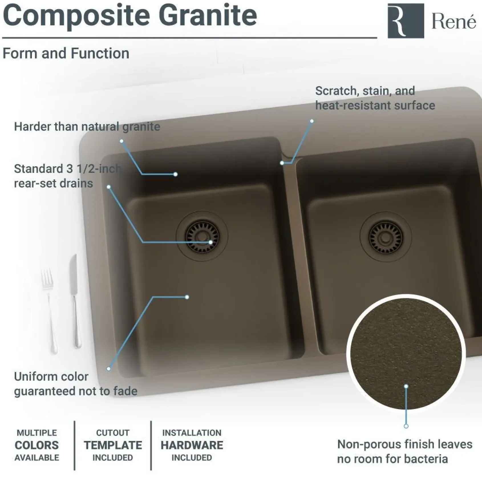 Rene 33" Composite Granite Kitchen Sink, 60/40 Double Bowl, Umber, R3-2001-UMB-ST-CGS