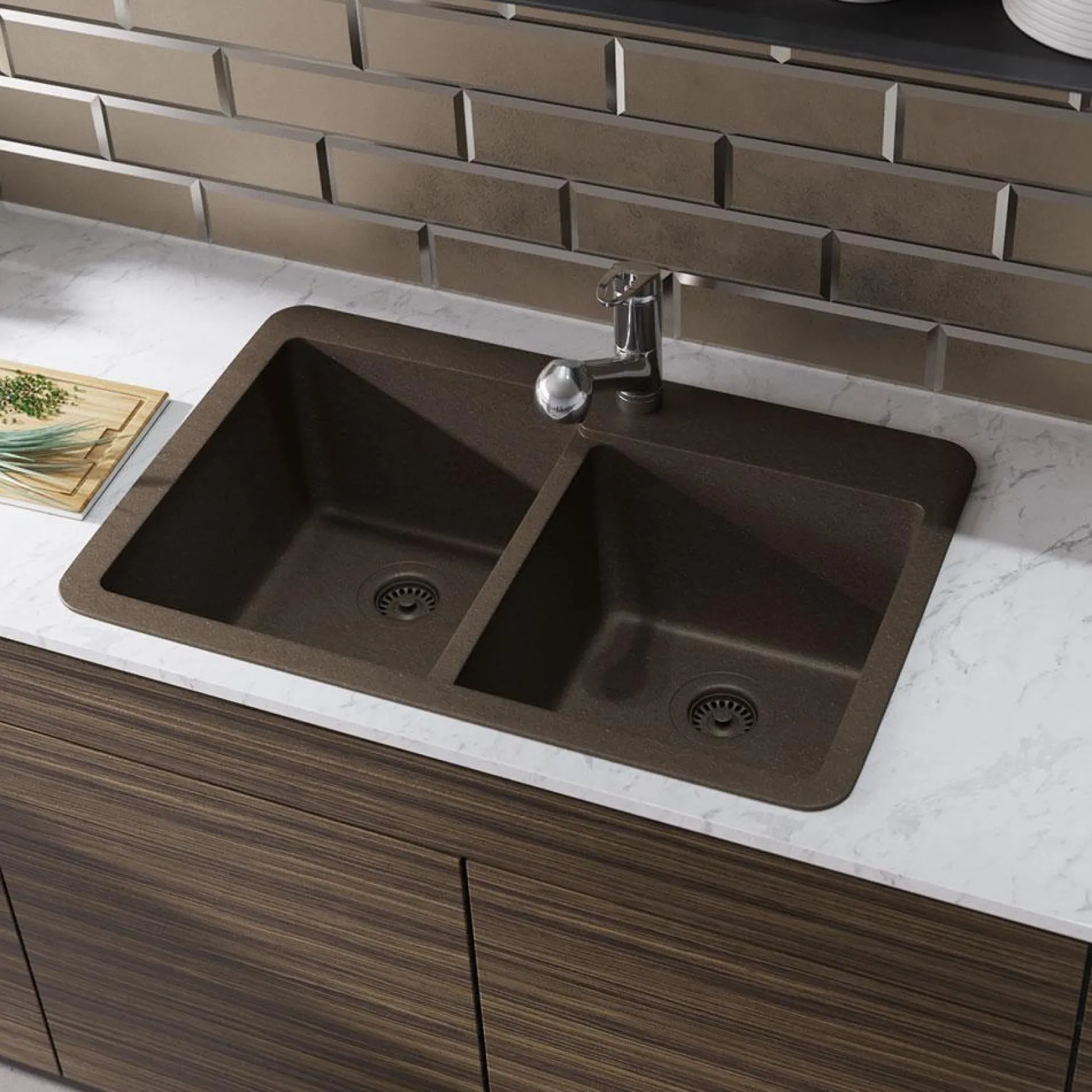 Rene 33" Composite Granite Kitchen Sink, 60/40 Double Bowl, Umber, R3-2001-UMB-ST-CGS