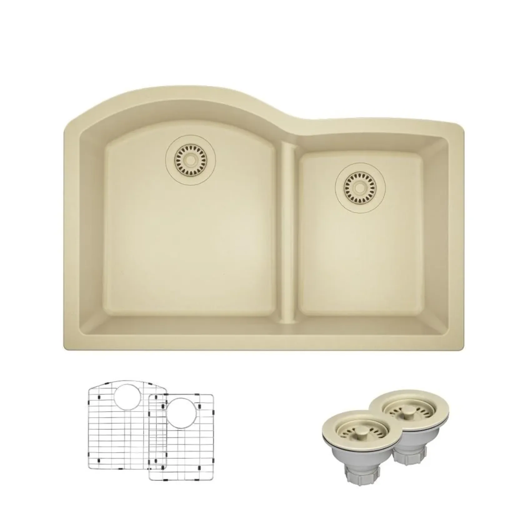 Rene 33" Composite Granite Kitchen Sink, 60/40 Double Bowl, Ecru, R3-1008-ECR-ST-CGS