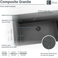 Rene 33" Composite Granite Kitchen Sink, Carbon, R3-2006-CAR-ST-CGF
