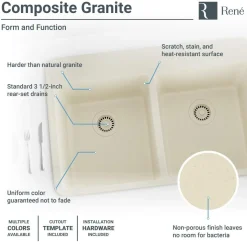 Rene 33" Composite Granite Kitchen Sink, 50/50 Double Bowl, Ecru, R3-2002-ECR-ST-CGF