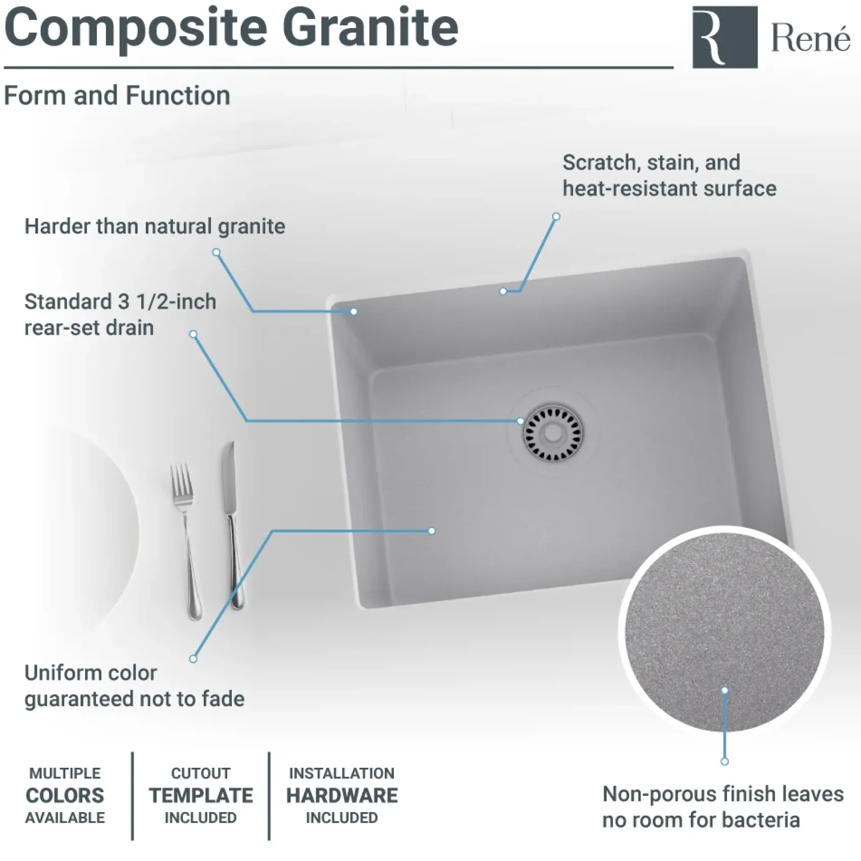 Rene 22" Composite Granite Kitchen Sink, Pewter, R3-1004-PWT-ST-CGS