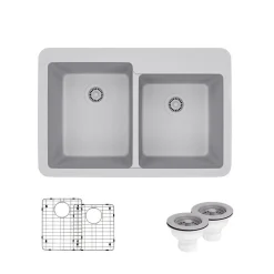 Rene 33" Composite Granite Kitchen Sink, 60/40 Double Bowl, Pewter, R3-2001-PWT-ST-CGS