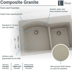 Rene 33" Composite Granite Kitchen Sink, 60/40 Double Bowl, Concrete, R3-2008-CON-ST-CGS
